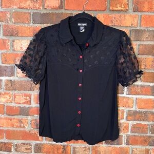 Hot Topic womens flocked heart mesh button up blouse retro rockabilly black L